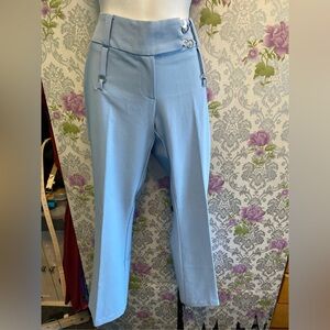 Blue high-waisted straight-leg trousers with button detailing